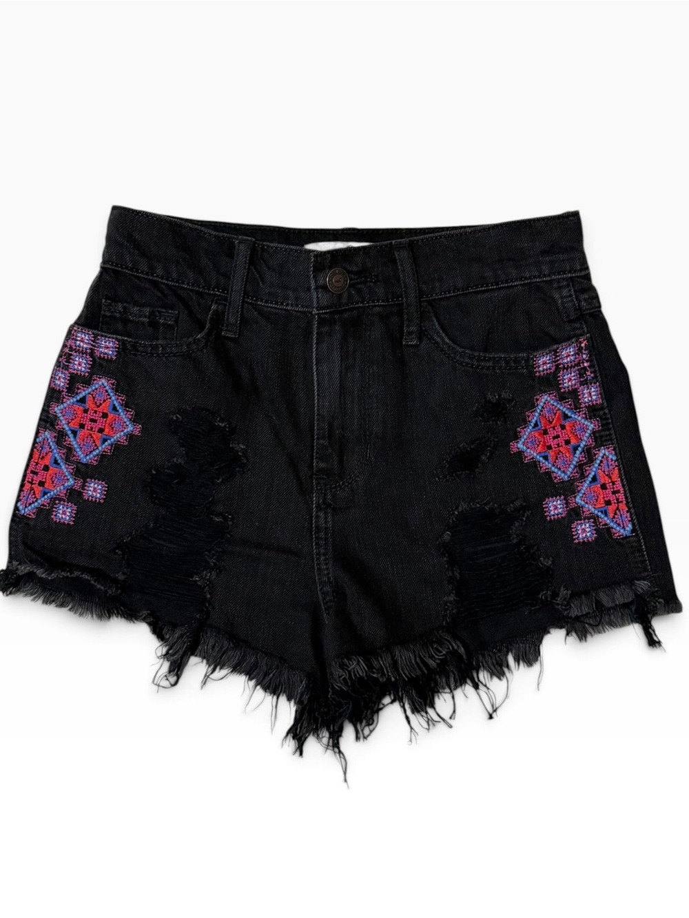 Hollister Y2K Black Embroidered Distressed Denim Shorts Size 00